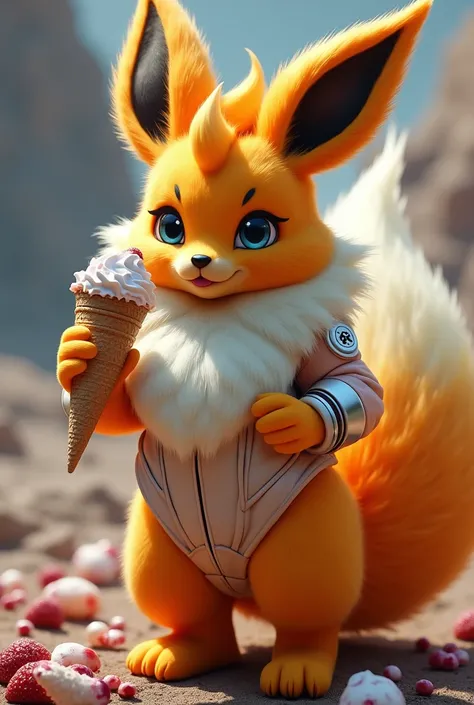 a highly detailed anthropomorphic flareon furry kemono with extremely large breasts and buttocks, licking an ice cream cone, wearing a futuristic sci-fi spacesuit, photorealistic, 8k, hyper detailed, cinematic lighting, intricate details, fantasy, beautifu...