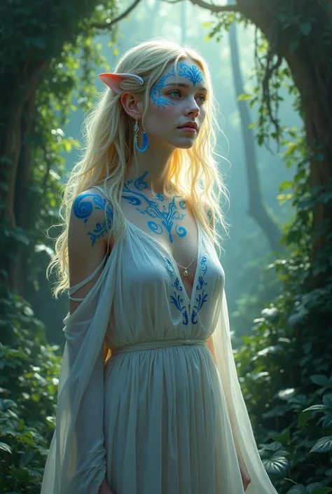 An girl human on the jungle with blond hair, white skin, blue eyes with an angelic feature, her body feminine with the clothing style of Navi, as she has on her skin blue painted trace lines