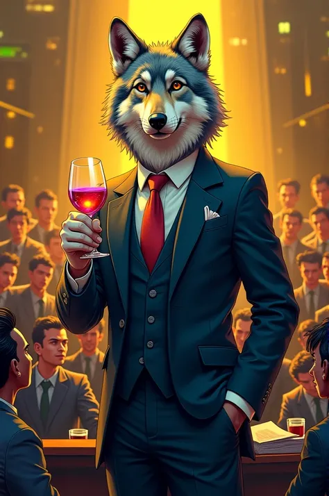 A banner of a wolf in a suit holding a wine glass teaching a class of investors, Digital illustration, pop art, Stanley Artgerm Lau style, pixiv, Highly detailed, sci-fi, Golden, cinematic lighting