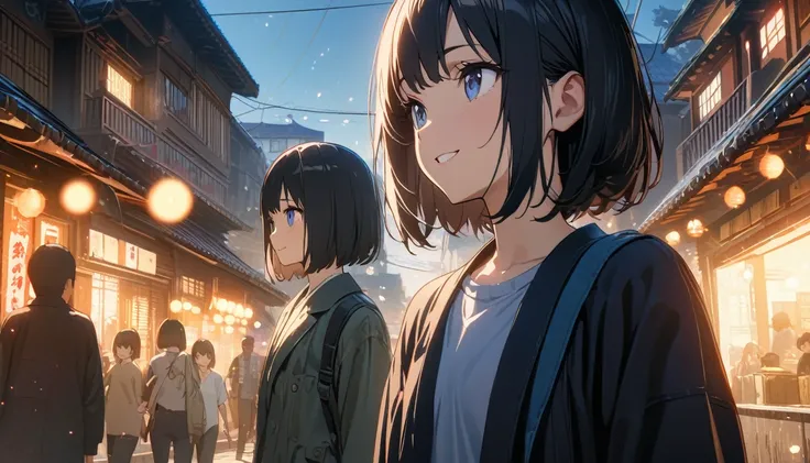 ((ultra-detailed))/ (one women with short black hair and bob hair.、beautiful blue eyes,.、smile、gentle smile on her face、flat chest, one Beautiful girl,((masterpiece, illustration, best quality) ((ultra-detailed))/), walking around a Japanese neighborhood ,...