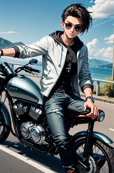 A stylish young man is sitting confidently on a white and black sports motorcycle with striking orange wheels. The man is dressed in a gray zip-up hoodie and black slim-fit jeans, paired with white sneakers with a subtle pattern. He is wearing dark sunglas...