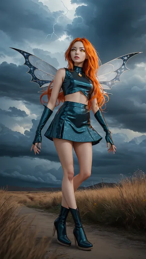 1girl, solo, ((pitiful)),dark bloom, orange hair, yellow eyes, boots, black skirt, gloves, black shirt, wings, sparkling clothin...