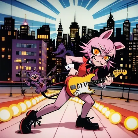 Snagglepuss, angry and frown, looking at viewer, holding Electric Guitar, running, New York City, art by Guillaume Singlin and John Patrick Green