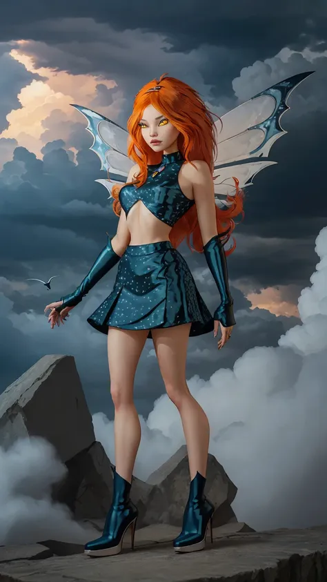 1girl, solo, ((pitiful)),dark bloom, orange hair, yellow eyes, boots, black skirt, gloves, black shirt, wings, sparkling clothin...