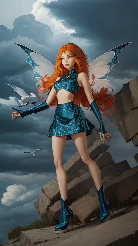 1girl, solo, ((pitiful)),dark bloom, orange hair, yellow eyes, boots, black skirt, gloves, black shirt, wings, sparkling clothin...