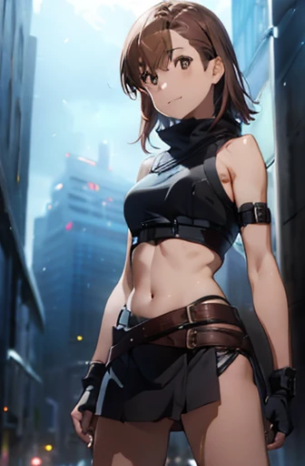 A happy young Misaka Mikoto as a female rogue  in a fantasy setting. A rogue. Tomboyish. Slim body. Very . Very small breasts. Narrow hips. Slender legs. Face: Soft narrow face with a round chin. Soft small jaw. Very thin eyebrows. big dark-brown eyes. Dar...