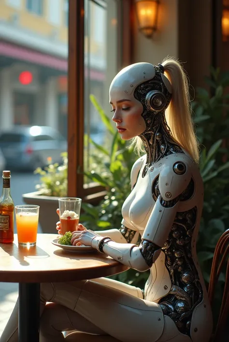 A cyborg girl sits at a table in a street cafe, Best quality, high quality, absurdity, happiness, masterpiece, Beautiful, complex parts, 1/2 body trimmings, slender body, Beautiful figure, Magnificent Anatomy, (complex parts:1.12), HDR, (complex parts, hyp...