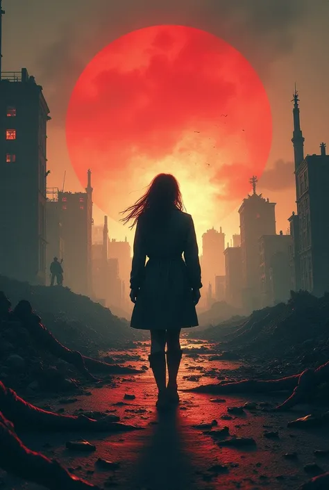 Cover of an apocalyptic book puts the title "The last refuge"  of monsters shows a desolate and destroyed place with a silhouette of the female protagonist dressed for the apocalypse 