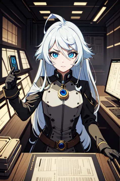 ((masterpiece, best quality))
 cyberrogueold, 1girl, white hair, long hair, in a steampunk laboratory, surrounded by intricate c...