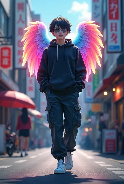 A fallen angel,rainbow colored halo,gray eyes,wear cargo pants, black sweatshirt, WHITE TENNIS, sunglasses, walking down a Japanese street 