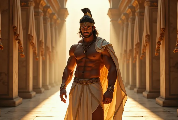 An ancient greek man, Chico, greek warrior, muscular, Graced, 25 años de edad man con poderosa presencia, greek headdress, ((wearing detailed greek tunics)), standing inside the greek temple, Intricate, elegant, Very detailed, masterpiece, extremely detail...