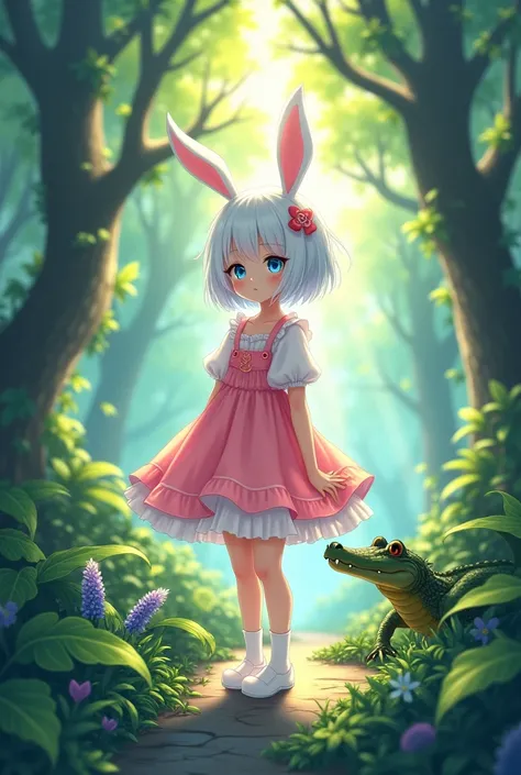 Anime girl girl with short white hair, all pink dress,WHITE SOCKS,blue eyes,white rabbit ears,white in a forest and with a crocodile 