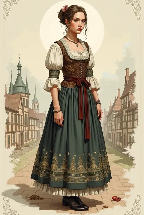 In German woman in traditional costume full body standing in drawing