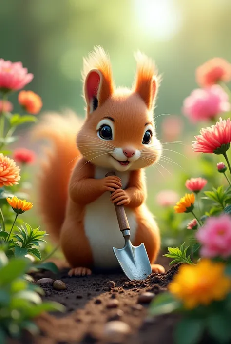 A squirrel with soft brown fur, He is digging with a small shovel in his flower-filled garden