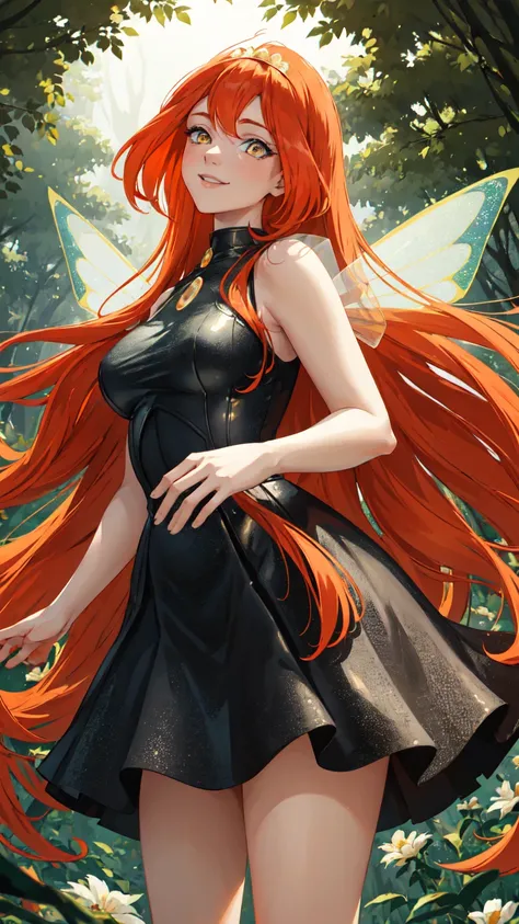 masterpiece, best quality, ultra-detailed, Bloom, tall, thick, orange hair, (((yellow eyes))), bangs, long hair, fairy outfit, black corset, sleeveless, black skirt, sparkling clothing, fairy wings, tiara, standing, smile, in the forest, cowboy shot, reali...