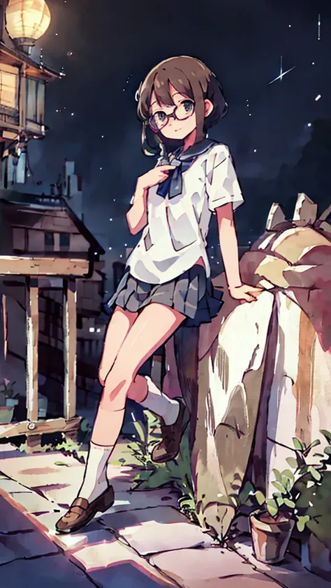 Dazzling Light、Many towers in the distance、Big Moon、metropolis、Tall buildings、Looking up at the stars、water、Midnight、Moon、Blue light、sky、sea、Nsfw、masterpiece, high quality, 4K, HDR,, Stable Diffusion prompt:  schoolgirl with short、brown hair and red-framed...