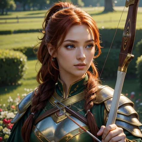 (​masterpiece, best quality:1.5), highest quality, High resolution, super detailed, Realists, Upper body photo of a red-haired archer , detailed and beautiful eyes, beautiful detailed lips, very detailed eyes and face, longeyelashes, Archer in light armor,...