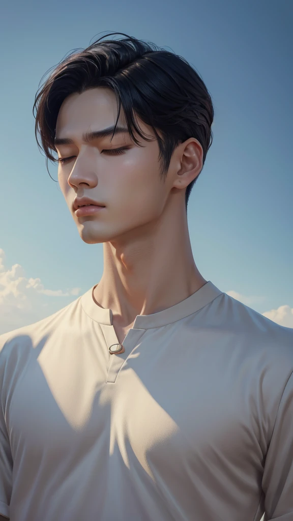 arafed image of a man with his eyes closed and his head tilted, inspired by Yanjun Cheng, yanjun chengt, kim doyoung, inspired by jeonseok lee, taejune kim, jimins grecian nose, jinyoung shin, guweiz, jaeyeon nam, hyung tae, inspired by Russell Dongjun Lu,...