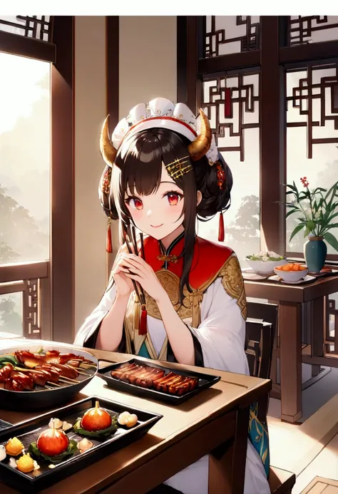 A girl from Daliang happily enjoying Tatar barbecue。她坐在一张精致的木质dining table前，On the table is a plate of golden、Fragrant barbecue。

**Character details**：
- **Girly appearance**：She is smiling，Show a happy mood。Her red eyes sparkled with joy。
- **apparel**：少...