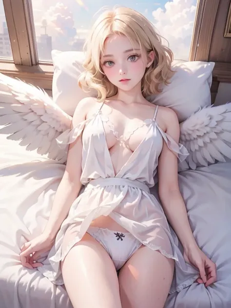 masterpiece, Highest quality, Very detailed, 16K, Ultra-high resolution, Cowboy Shot, 14-year-old girl, Detailed face, Perfect Fingers, Angel halo on head, Golden Eyes, blonde, short hair, Thin and light clothing, You have angel wings on your back, White l...