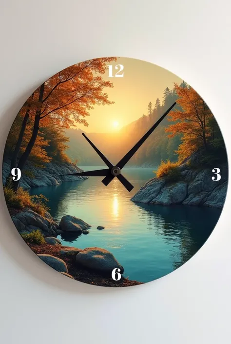 round images 30 cm in diameter, This image will be a clock without hands but put the numbers like on a wall clock, 

This watch will have a photo of nature with a river and the sun appearing, leave the image in the front position