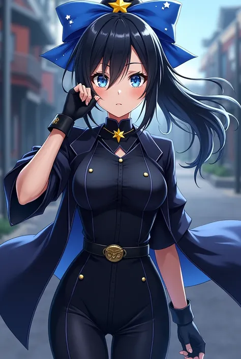 A female character in the style of the anime Kimetsu no Yaiba(demon slayer)who has long black hair loose with a ponytail on top with a blue bow with a yellow star her uniform is black and she wears a short-sleeved haori in the same shade of blue as the bow...