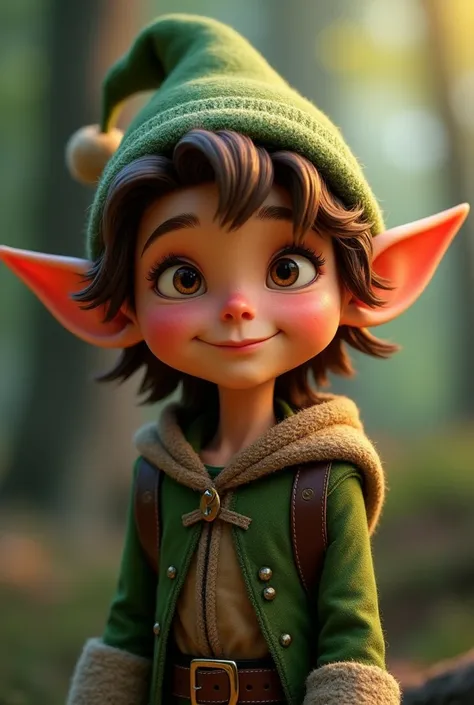 Create an animated elf where he expresses that his voice is squeaky , that he has brown eyes like the trunks of a tree with very soft skin and a hat 