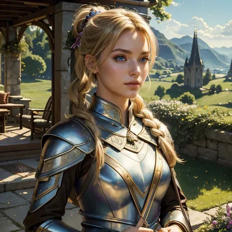 (​masterpiece, best quality:1.5), highest quality, High resolution, super detailed, Realists, Upper body photo of a blonde archer , detailed and beautiful eyes, beautiful detailed lips, very detailed eyes and face, longeyelashes, Archer in light armor, Nob...