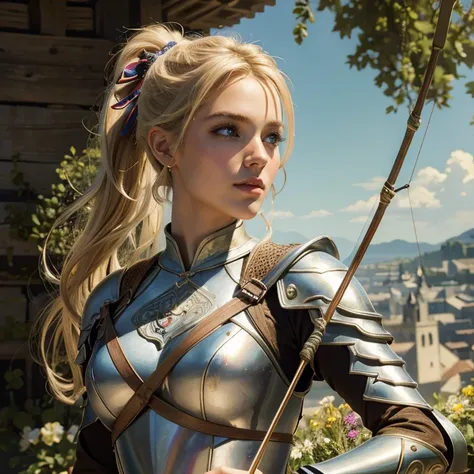 (​masterpiece, best quality:1.5), highest quality, High resolution, super detailed, Realists, Upper body photo of a blonde archer , detailed and beautiful eyes, beautiful detailed lips, very detailed eyes and face, longeyelashes, Archer in light armor, Nob...