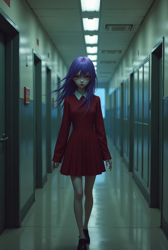 Purple haired girl with one red eye and one blue eye walking through the school hallways in a red uniform and a lost look