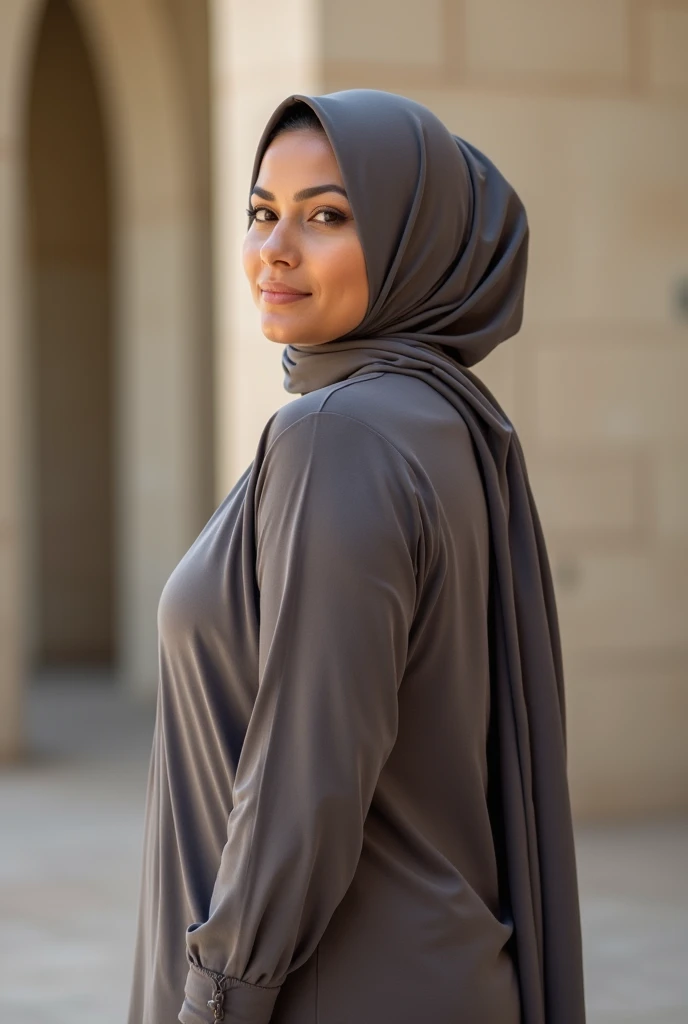 A photo of a age 19 curvy hourglass-figured woman wearing a tight hijab in Abu Dhabi 