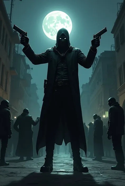 Masked bandit walking down the street as he is pointing his guns at people kneeling him like he is king and moon is full as he is walking down the deporessive streets into the dark