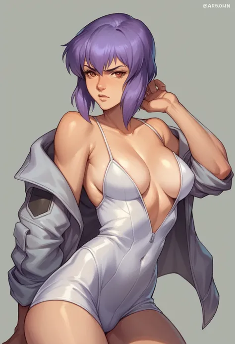 Ghost in the Shell&#39;s Motoko urinates in large quantities on the roof of a skyscraper while looking down at the skyscrapers at night、garter belt