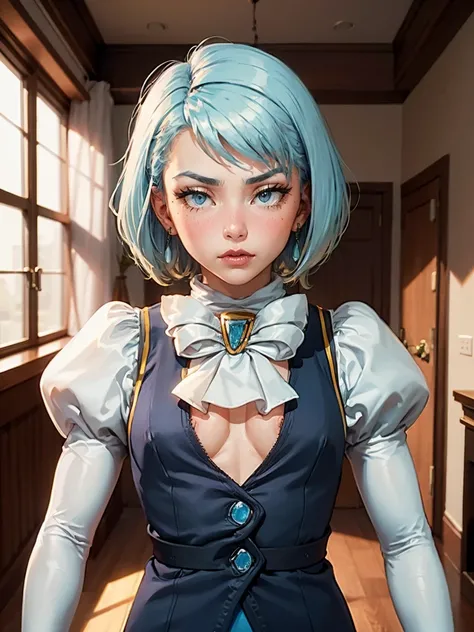 8k, ray tracing, vibrant colors, (aafranziska, light blue hair:1.5), (8 years old:2.0), ascot, (flat chest:1.4), puffy sleeves, pencil skirt, pantyhose, black gloves, jewelry, earrings, slim figure, masterpiece, sharp focus, Best Quality, depth of field, c...