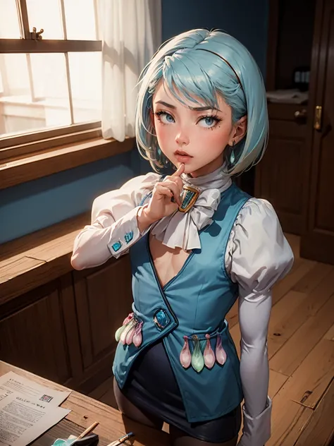 8k, ray tracing, vibrant colors, (aafranziska, light blue hair:1.5), (8 years old:2.0), ascot, (flat chest:1.4), puffy sleeves, pencil skirt, pantyhose, black gloves, jewelry, earrings, slim figure, masterpiece, sharp focus, Best Quality, depth of field, c...