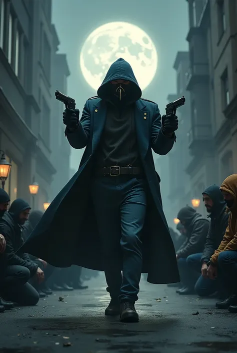 Masked bandit walking down the street as he is pointing his guns at people kneeling him like he is king and moon is full as he is walking down the deporessive streets into the dark