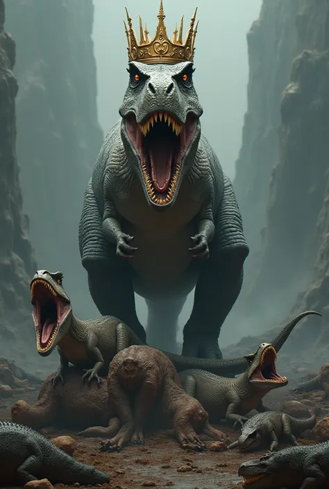 Tyrannosaurus rex with a crown on top of several dead dinosaurs