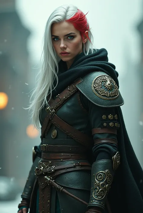 Je veux une belle guerrière viking, dans une tenue lambda moderne, avec des cheveux aussi blancs que possible et une mèche rouge dedans, et des yeux VERT émeraude.