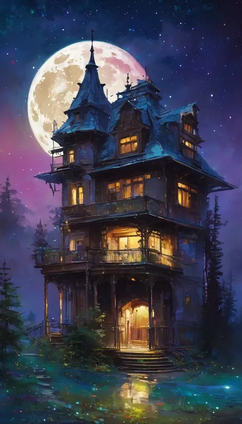 the magic house, magic, fantastic, night sky, moon, stars, background, art inspired by Wadim Kashin
