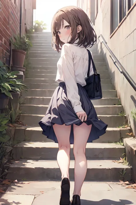 animese anime girl in skirt and blouse, walking up the stairs, 1girl, stairs, skirt, brown hair,long hair,solo, grey skirt, ((((...