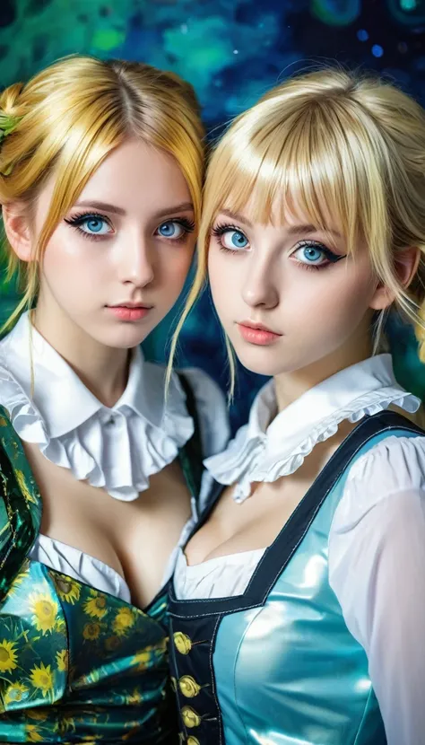 2 german teen-girls cosplaying manga girls, manga like eyes, van gogh style picture, shiny clothing