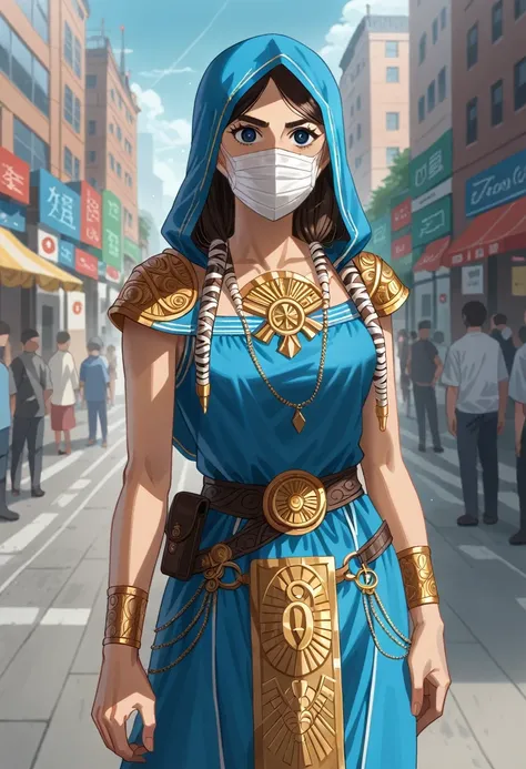 A full-body shot of Princess Zelda (Aubrey Plaza), brown hair, blue eyes, dressed in bodytape as an Assassin from Assassins Creed, in white+gold witha white mask and hood with gold details, XL bust, using a wrist blade. Background: A city during the renais...