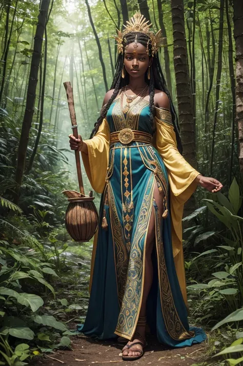 (((Goddess Jurema UHD ))) presents itself with vibrant clothing rich in symbolism: a long, flowing dress made from natural fabrics, adorned with patterns representing the flora and fauna of the forest. The predominant colors are green, bright blue and gold...