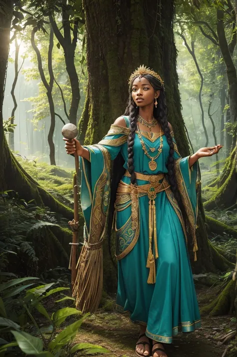 (((Goddess Jurema UHD ))) presents itself with vibrant clothing rich in symbolism: a long, flowing dress made from natural fabrics, adorned with patterns representing the flora and fauna of the forest. The predominant colors are green, bright blue and gold...