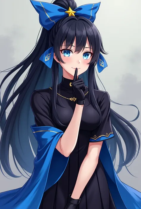 A female character in the style of the anime Demon Slayer who has long black hair loose with a ponytail on top with a blue bow with a yellow star. Her uniform is black and she wears a short-sleeved haori in the same shade of blue as the bow. She wears blac...