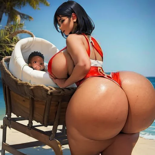 Big ass bimbo taking care of black african newborn babies, well detailed black boy, The baby is too small and the woman is huge