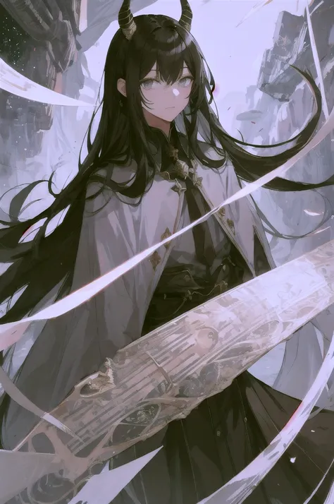 High quality illustration young man, with long, black hair that moves undulating, grey eyes, mystical galactic aura, black clothing and zodiac goat horns, that looks into space