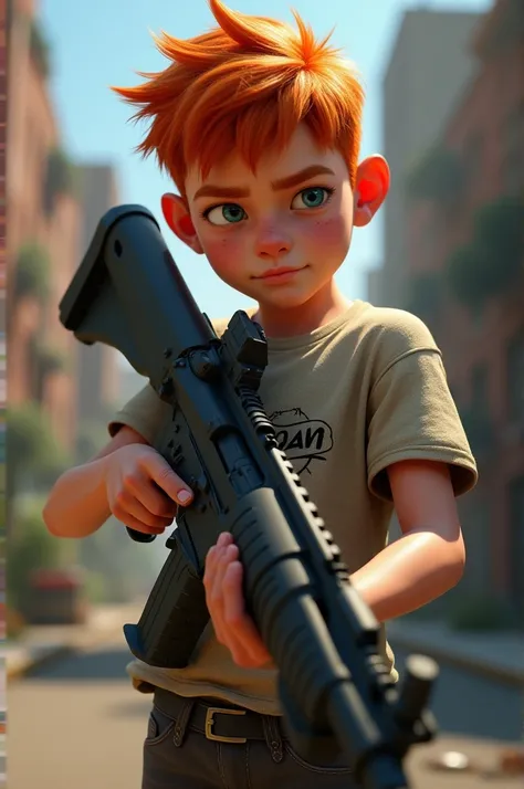 Generates a redheaded boy with a shirt that says Logan and an AK and a pistol 