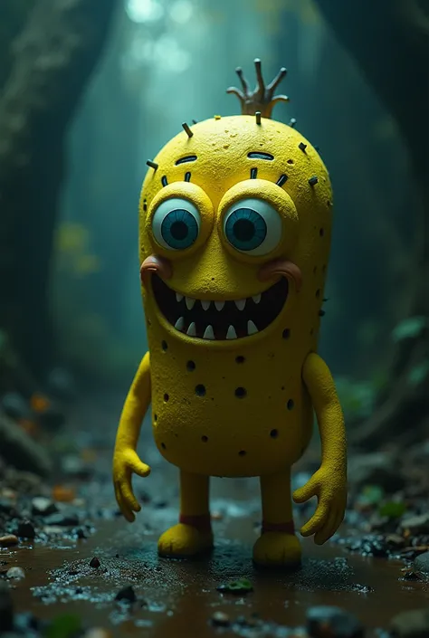 Dvd screengrab of a 1980s dark fantasy film, extremely realistic image, live action image, extremely detailed, Eastman Color Negative II 100T 5247/7247 Film From, live action, film from the 80s. Bob esponja in a hyper realistic, cinematic style, dark fanta...