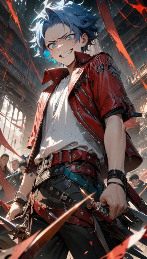 adult man, boy, male, short blue hair, turquoise eyes, madness smile, sadness, red leather jacket, white shirt, short sleeves, lot of belts, black trousers, daggers, Masterpiece, best quality, Full HD, 8k, ultra details, great graphic